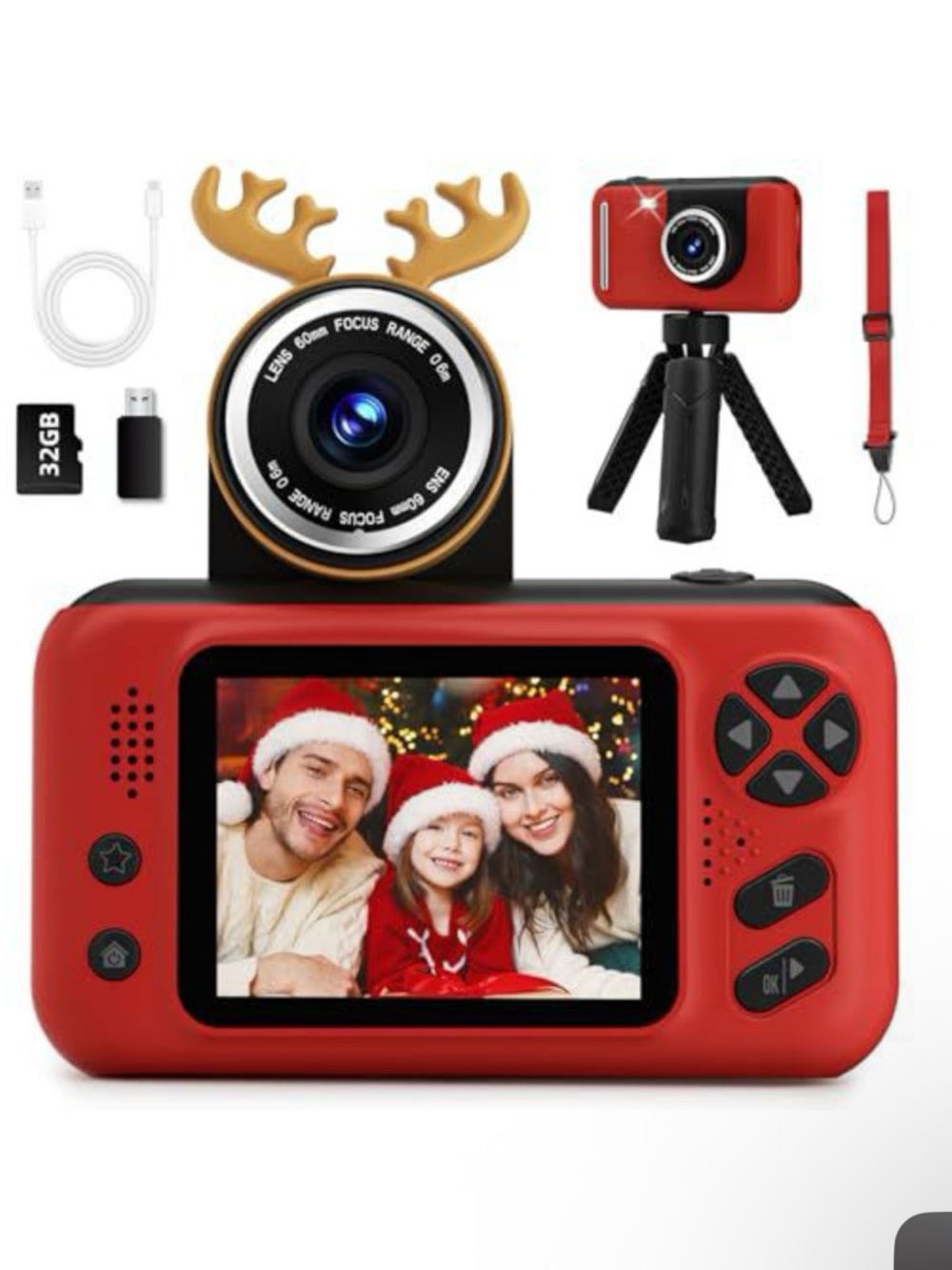 Red Kids Digital Camera with Detachable Lens and Antler Clip